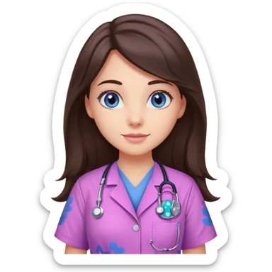pretty brunette nurse with long hair and blue eyes in pink and purple dinosaur pattern scrubs sticker