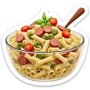 curly Pasta salad with chopped sausage, chopped gherkins, chopped cocktail tomatoes and mayonnaise  sticker