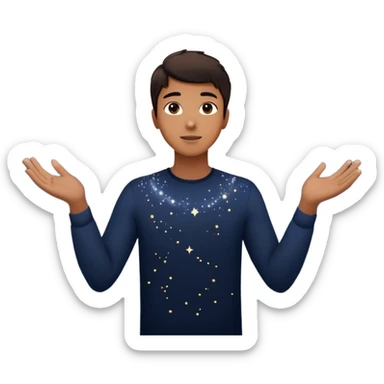A young man in a vast, dark starry universe, surrounded by floating particles of light space. Each particle represents his personal universe. He reaches out, touching one, knowing that everything he does stays in this space forever. universe around him sticker