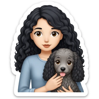 A girl with long black hair holding a gray curly dog sticker