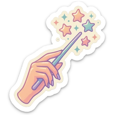 Elegant female hand with almond-shaped nails holding a magic wand, stars flying out of the wand, retro stickers style, thin clean contours, soft rounded shapes, pastel palette #98B5BC, #B5B3C1, #C9A3C9, #E4C0CA, #F7DCD1, #F7C0AA, detailed shadows and highlights, soft lighting, transparent background, no decorative elements sticker