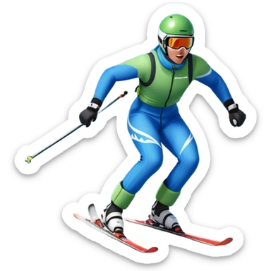 An icon featuring snowy peaks, pine trees, and a picturesque mountain landscape with a skier racing down a snow-covered slope, The sky is blue with soft clouds, capturing the thrill and beauty of alpine skiing. Transparent background highlights the excitement and serenity of winter sports. sticker