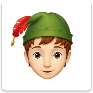 Peter Pan's head, classic green hat with red feather, youthful face, mischievous smile, short brown hair sticker