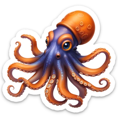 Cinematic Realistic Noble Octopus Portrait Emoji, Poised and majestic, with a sinuous, flowing body in vivid orange accented by intricately detailed blue rings, and intelligent, penetrating eyes that reflect ancient ocean lore; rendered with lifelike texture and natural iridescence, high shine, intelligent and formidable, styled with an aura of mystical marine power, focused and attentive, soft glowing outline, capturing the essence of a watchful and confident octopus that appears ready to glide out of the screen with timeless authority! sticker