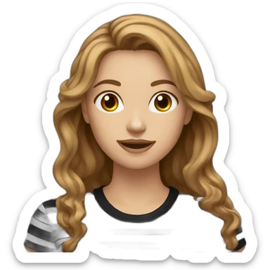 woman with long wavy light brown hair wearing black stripy t-shirt sticker
