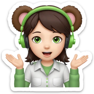 Chibi girl, dark brown hair, green eyes, wearing a white shirt and small brown bear ears on a headset, with wide happy surprised eyes and mouth and clapping excitedly sticker