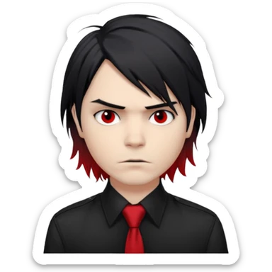 Gerard Way (Revenge Era)
Round, simplified emoji style
Pale skin tone
Jet-black, shoulder-length hair messy and emo
Heavy eyeliner and slight red shadow under the eyes
Subtle serious
Hint of red tie visible on black button up shirt.
Transparent background. Black eyeliner. Messy emo hair sticker