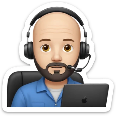 Bald white guy with black chin and jaw beard who works remotely with data sticker