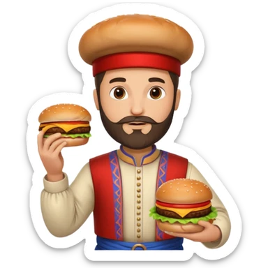 caucasian man with beard and armenian traditional costume, burger in one hand, coke in other sticker
