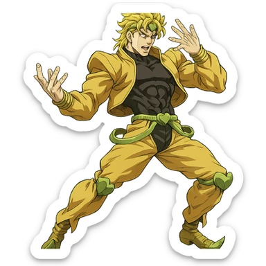 Dio Brando from JoJo's Bizarre Adventure, dramatic pose, detailed costume, iconic blond hair, anime style sticker