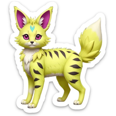 Neon-lime-green, magenta-eyed soft natural realistic romantic vintage antique divine beautiful elegant pretty precious cute young youthful  Fakémon-Pokémon-feline-Zeraora-Jolteon-serval-caracal-chinchilla-Minccino-Cinccino-Meowstic-rodent-hybrid-creature (full body) sticker