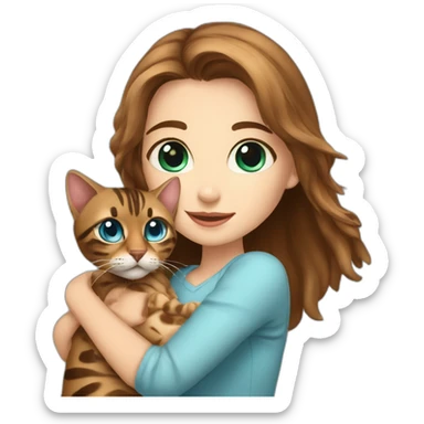 a beautiful girl with brown hair and blue eyes holds a Bengal cat in her arms sticker