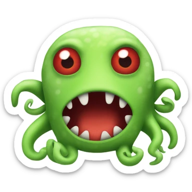 A stuffed animal of a green creature with red around his eyes and tentacles for a mouth sticker