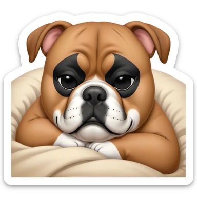 Cinematic Chubby Sleeping Boxer Portrait Emoji, Chubby and serene, with a stocky, adorable build and a smooth fawn coat accented by a distinctive black mask, eyes gently closed in peaceful slumber, Simplified yet irresistibly endearing features, highly detailed, glowing with a gentle, dreamy glow, high shine, relaxed and content, stylized with a touch of whimsy, bright and heartwarming, soft glowing outline, capturing the essence of a blissfully sleepy guardian, so comically serene it feels like it could roll out of the screen and snore with adorable charm! sticker