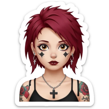 generate an ios genmoji of a girl with dark red messy hair with eyeliner on, septum piercing, wearing a cami black top, has tattoos, ear piercings, wearing a cross silver necklace sticker