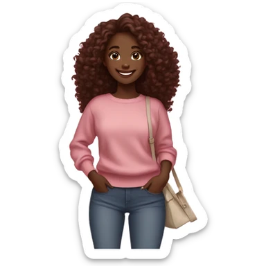 Girl smiling, dark skin, in a pink sweater, wearing white sneakers, loose curly hair, marsala hair color, brown eyes, with bags in her hands sticker