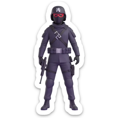 armed figure in all-black military clothing, shiesty mask, and helmet, standing in a ready pose sticker