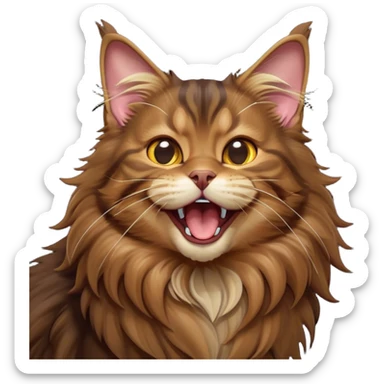 Cinematic Cute Brown Maine Coon Cat Portrait Emoji, Head tilted playfully while yawning exaggeratedly, sleek brown and black fur with a majestic mane, Simplified yet hilariously adorable features, highly detailed, glowing with a warm, confident glow, high shine, mischievous yet lazy, stylized with a touch of playful whimsy, bright and endearing with a comical, yawning expression, soft glowing outline, capturing the essence of a quirky yet loving and lazy kitty, so meme-worthy it feels like it could stretch out of the screen and demand attention in the most dramatic way! sticker