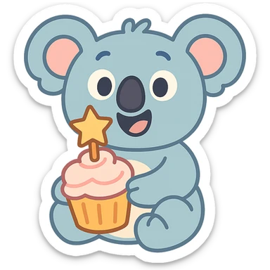 happy koala holding cupcake with 1 star candle in pastel-toon style sticker