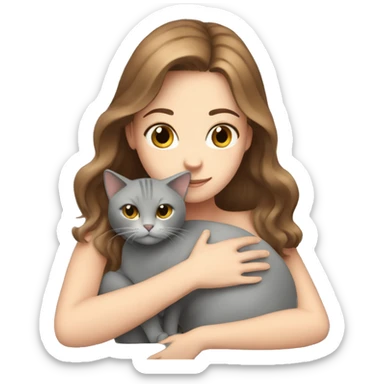 White girl with brown hair hugging grey cat sticker
