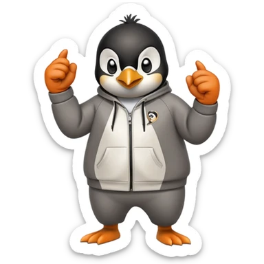 friendly anthropomorphised penguin wearing a mafia-style tracksuit, secretive scheming pose, angry expression, determined stride, holding a knuckle duster sticker