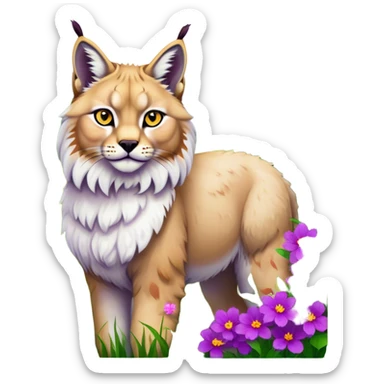 Collage of exotic animals: a lynx with striking eyes, and a fluffy alpaca standing in a lush meadow. The lynx gazes intently while the alpaca looks calm and curious. Surrounded by vibrant plants and flowers. Transparent background for a lively, colorful scene. sticker
