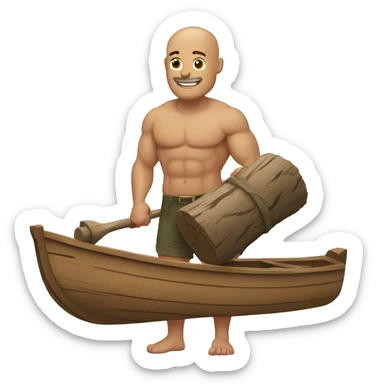 Bald muscular man carrying a boat and a log sticker
