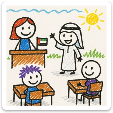 cartoon classroom scene with a child in Emirati dress answering a question, UAE flag on the teacher's desk, vibrant and appealing for kids sticker