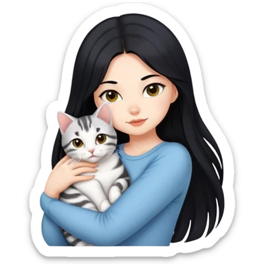 Long black hair beautiful girl wearing tightly hugging an American shorthair sticker