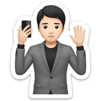 asian young man with black hair covering forehead in grey blazer and black t-shirt  sticker
