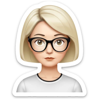 white woman about 50 years old with light warm skin, short black bob haircut to neck with slight waves at ends, neutral determined expression, large black shiny butterfly or cat-eye glasses, white casual t-shirt, calm and creative energy sticker