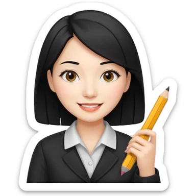 a korean cosmetics marketing expert women with black hair, holding pencil and phone sticker
