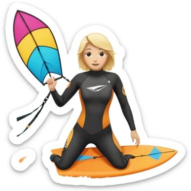 Kitesurfing blond ladie showing kite and board sticker