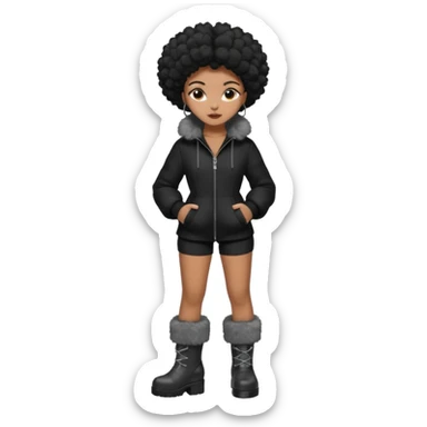 A brown skin girl that has a slim and thick body with black hair into two Afro puffs   and wears all black outfit with grey furry boots  sticker
