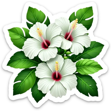 bouquet white Hawaiian hibiscus, luxuriant, stem, leaf, bud sticker