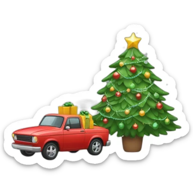 un emoji avec un sapin de noel et au pied un cadeau avec une voiture sticker