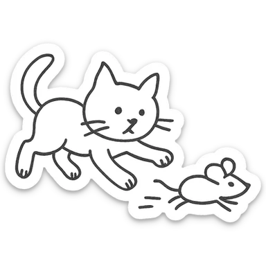 hand drawn outlined cat chasing a mouse icon sticker