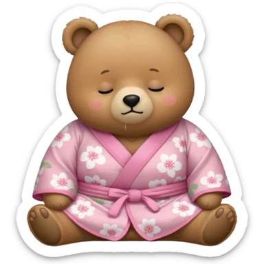 A cute chubby light-brown bear wearing a pastel pink sakura-patterned kimono, tiny body and big round head, adorable simple face, sleepy half-closed eyes, small blush on cheeks, sitting while dozing off, tiny “zzz” floating above the head sticker