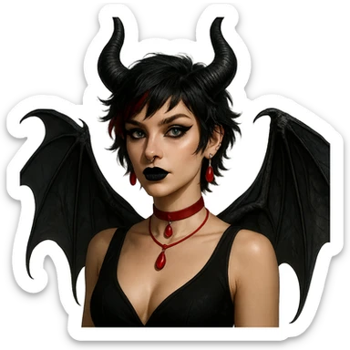light skin tone goddess Lilith with short shaggy black hair with red streaks, Maleficent-style horns, black bat wings, wearing a black low-cut dress, red drop earrings, red drop choker necklace, blue eyes, dramatic cat-eye eyeliner, black lipstick, silver nose ring, septum ring, lip ring, and three ear piercings in each visible ear, fantasy portrait sticker