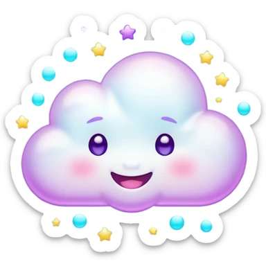 A tiny kawaii cloud emoji with a cheeky smile and wink, soft neon glow in purple/cyan, little sparkles floating, playful delulu vibe. sticker