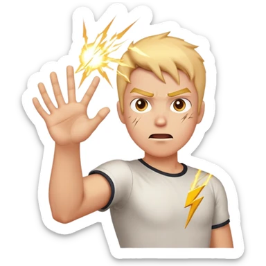 person aiming open palm hand at viewer, hand takes up most of the image, wrathful destructive facial expression, lightning blasts in background sticker