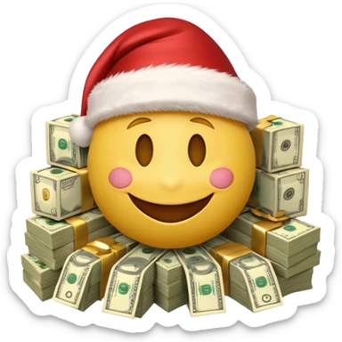 A festive 3D emoji style yellow smiley face wearing a Santa hat, surrounded by stacks of cash and dollar bills, joyful expression, Christmas and New Year theme, high quality, clean design, studio lighting, no text, no background, isolated object, transparent background, emojis.com style sticker