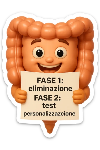 emoji stile iphone 3d di un intestino che tiene in mano un foglio con la scritta "FASE 1: eliminazione, FASE 2: test, FASE 3: personalizzazione, IPERREALISTICO 4K sticker