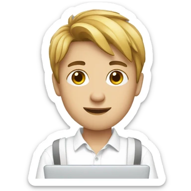 teenager guy wearing a white shirt, using his laptop sticker