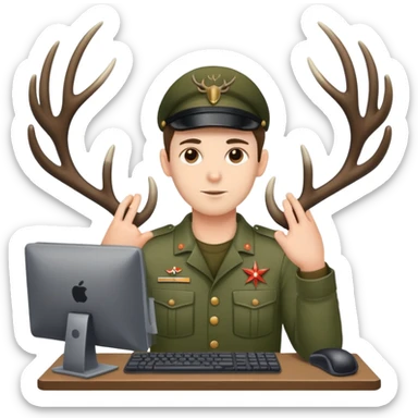 Guy works at computer with deers antlers, military clothes  sticker