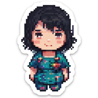 girl with short black hair, pixel art style sticker