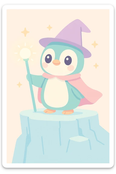 a heroic penguin wizard with a flowing cape, standing on an icy cliff, staff glowing sticker