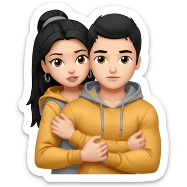a pretty bratz boy with black hair and a grey hoodie, big biceps, hugging a girl with dark brown hair sticker