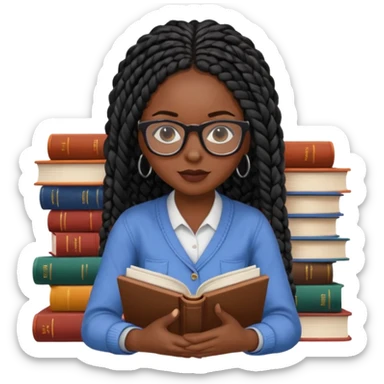 A dark-skinned Black woman with black box braids, wearing glasses, reading a textbook with a stack of books beside her. sticker