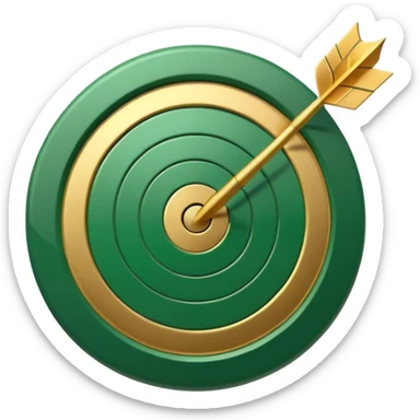 3D target icon with arrow hitting bullseye, modern glossy style, deep green (#0B3D2C) rings, gold (#C9B037) center and arrow, subtle glow, transparent background, premium render sticker